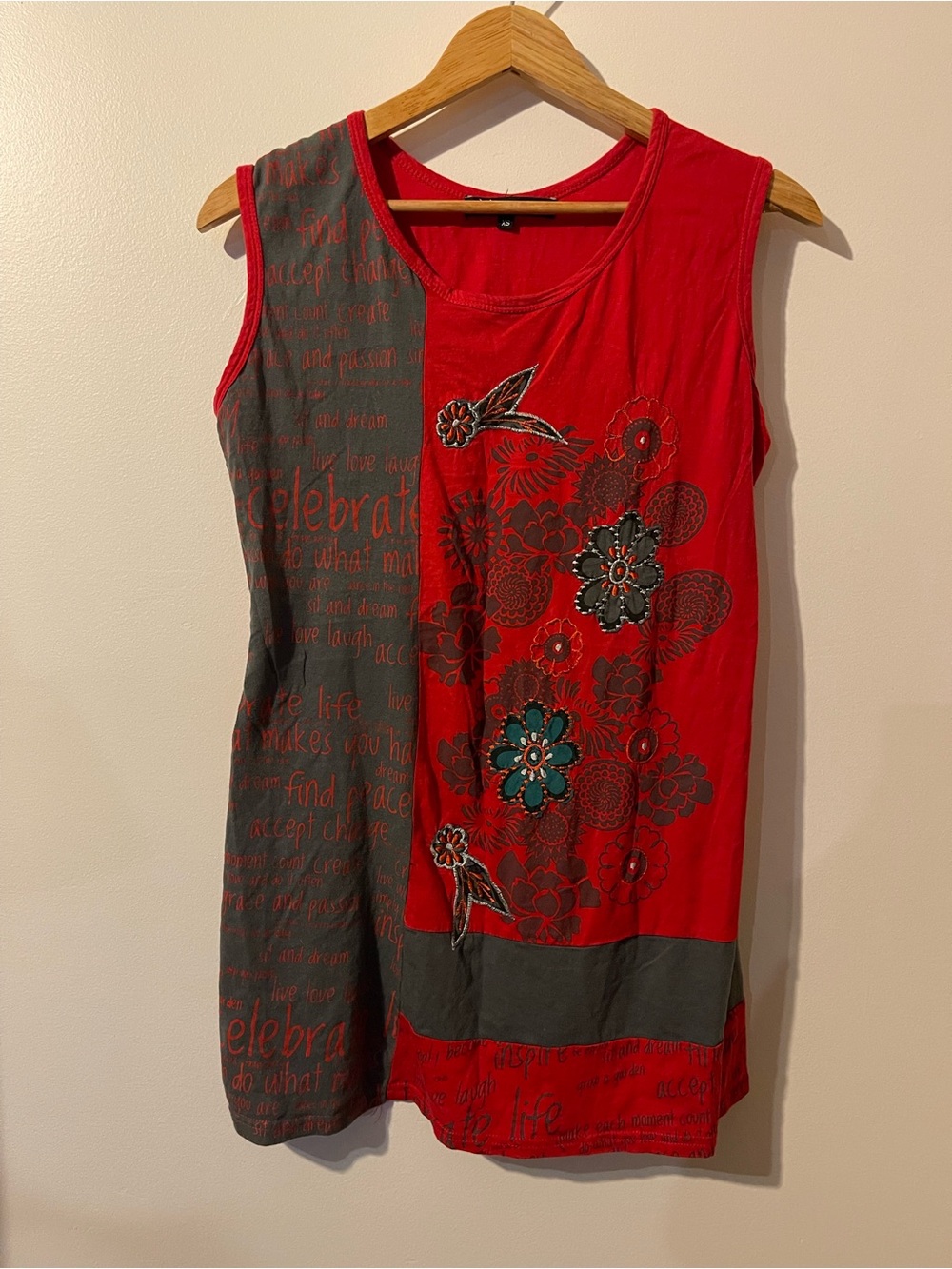 Leopards & Roses Boho Floral Embroidered Tank Top Tunic Red Gray Women Size XS